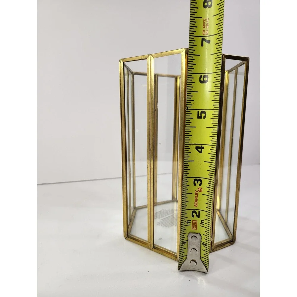 Gold Brass Glass Geometric Hexagon Lantern Candle Holder Terrarium 7 Inch